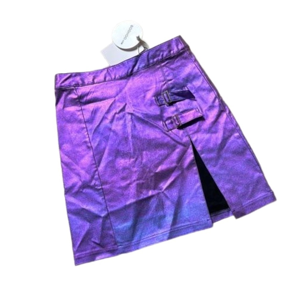 IRIDESCENT DENIM BUCKLE SPLIT MINI SKIRT